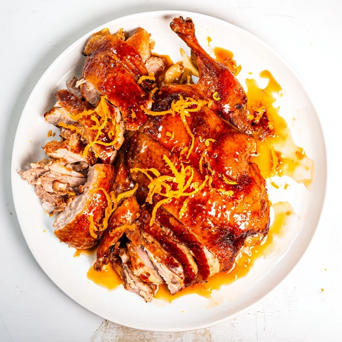 Golden-brown roasted duck with orange and ginger glaze, glistening and ready to serve at a dinner.