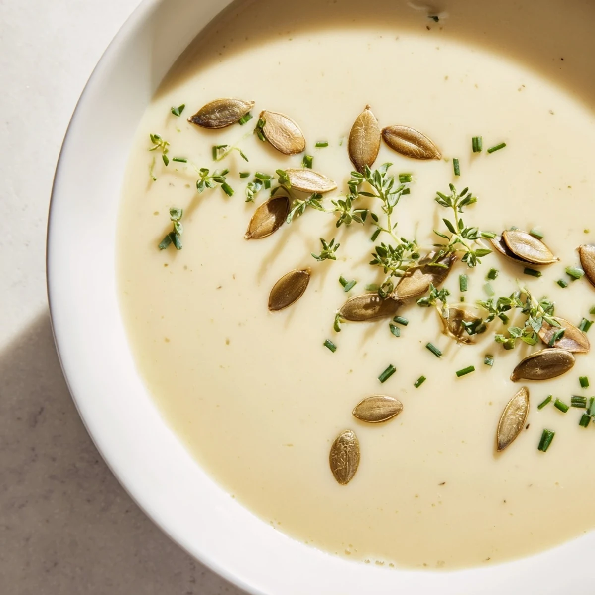 Steaming bowl filled with Creamy Parsnip and Apple Soup, garnished with fresh, green herbs.