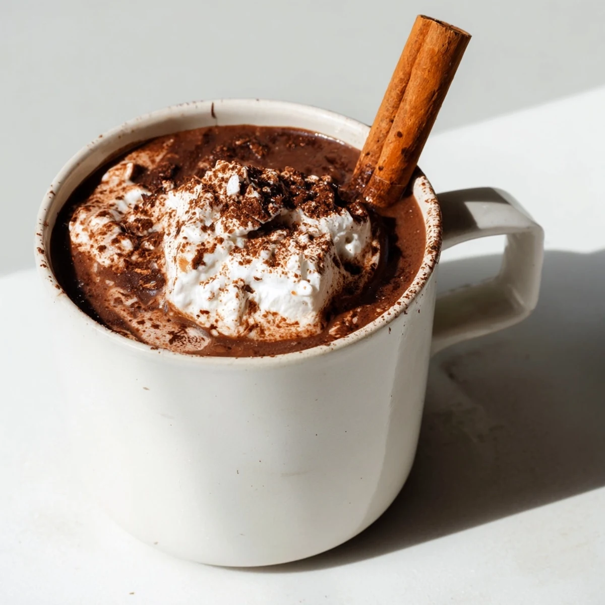 Steaming mug of Spiced Hot Chocolate, rich and dark, topped with whipped cream and cinnamon stick.