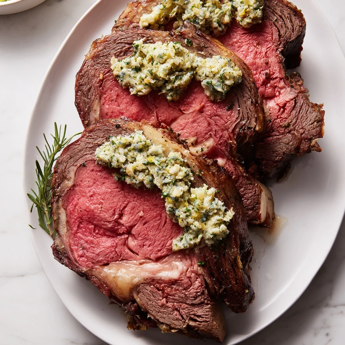 Tender slices of Garlic Herb Roasted Prime Rib glistening on a platter, ready for a special meal.