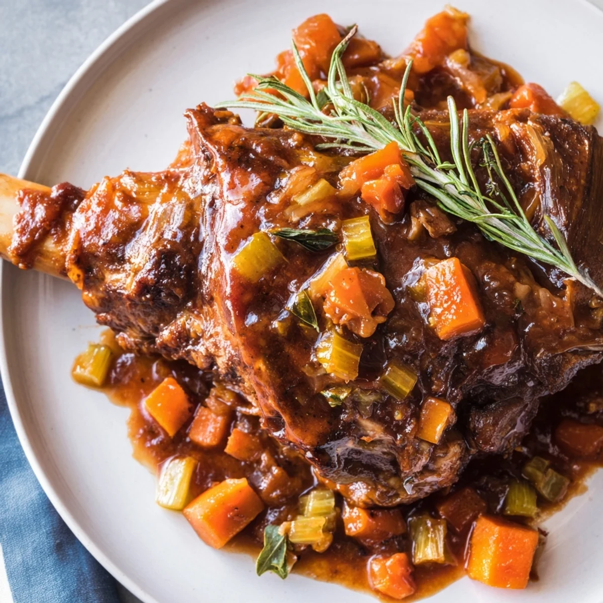 Tender braised lamb shanks with rosemary, falling off the bone, served in a rich, flavorful sauce.