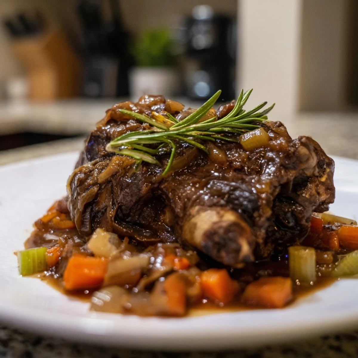 Slow-cooked braised lamb shanks with rosemary, surrounded by vegetables, promising a comforting meal.