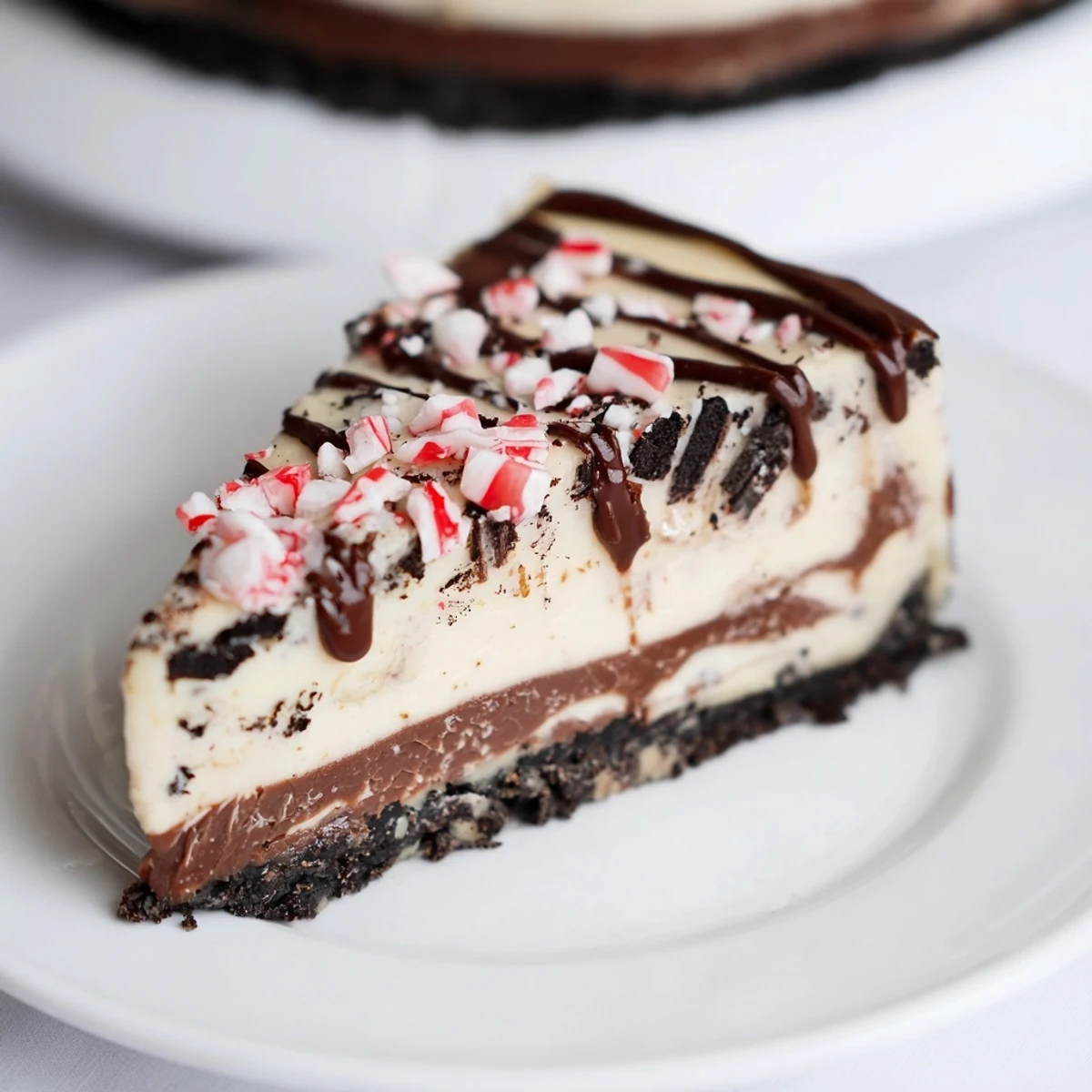 A slice of decadent Peppermint Bark Cheesecake with a chocolate cookie crust and topping.