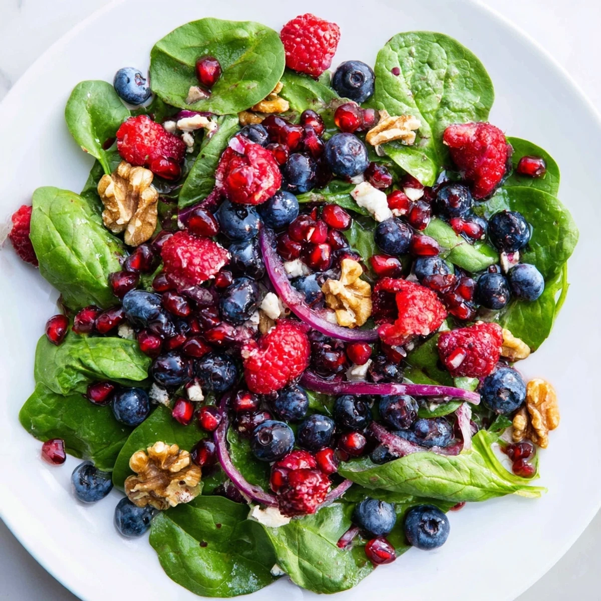 A colorful Winter Berry and Spinach Salad, bursting with fresh berries and citrus vinaigrette, ready to serve.