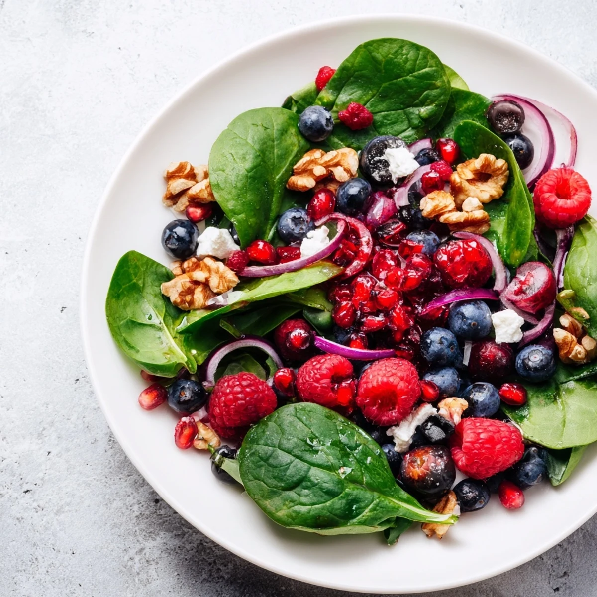 Enjoy a beautiful bowl of Winter Berry and Spinach Salad; a healthy, vibrant salad with feta and a bright dressing.