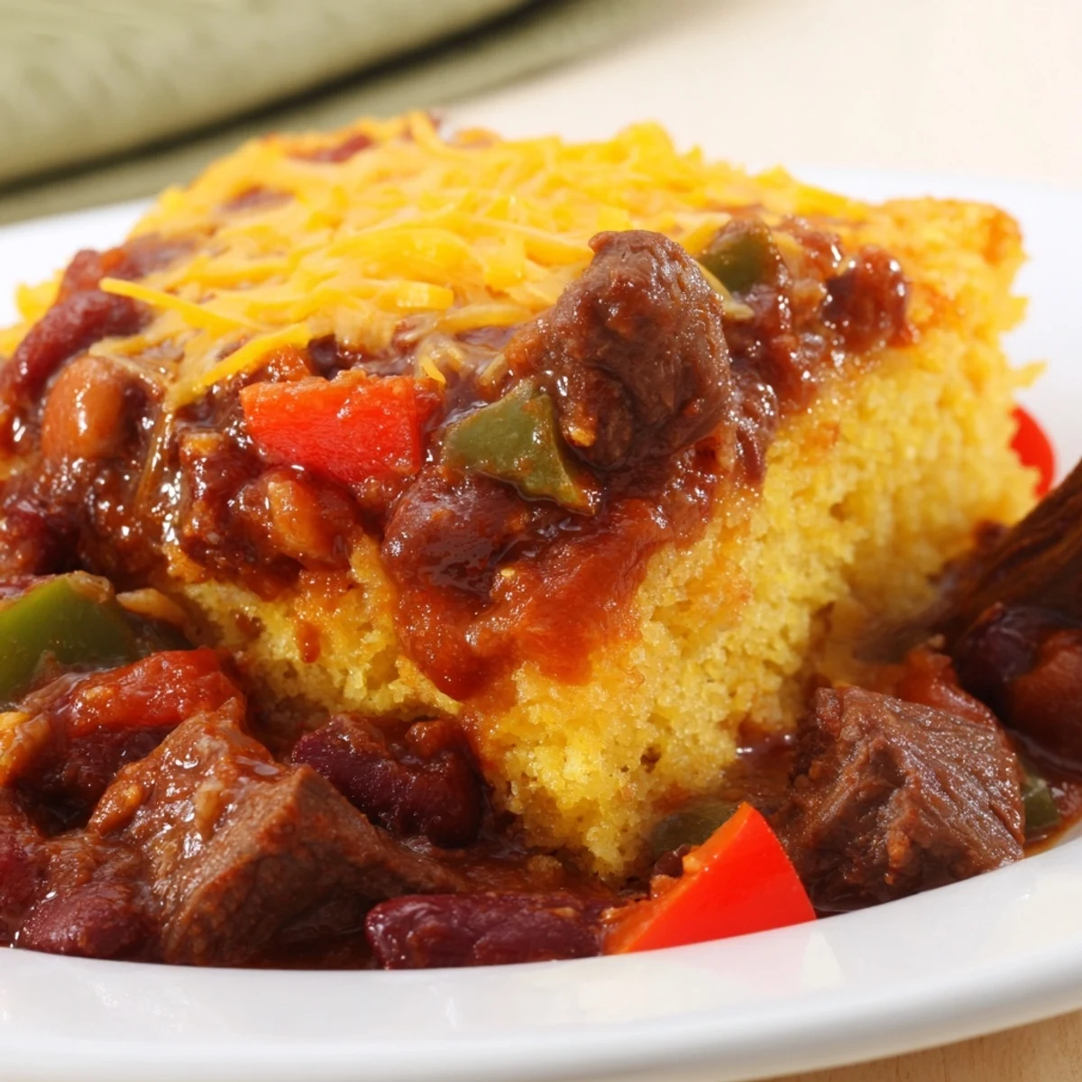 A steaming bowl of slow cooked beef chili with a golden, crumbly cornbread topping.