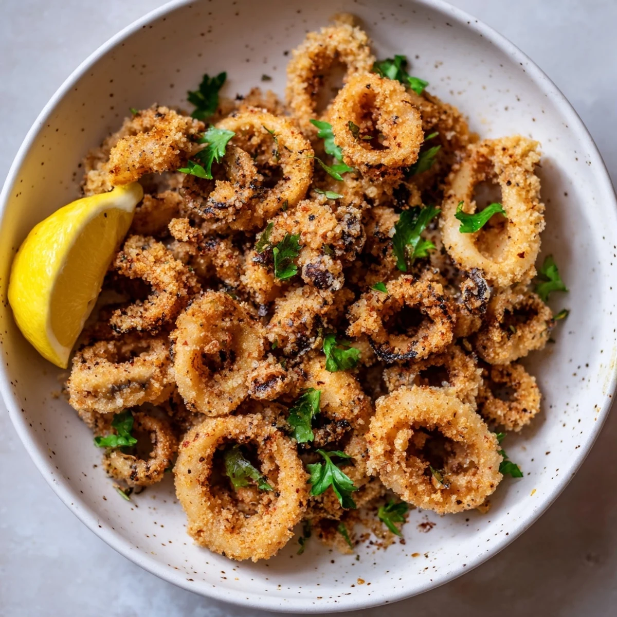 Close-up of crispy fried calamari rings and tentacles, offering a delightful crunch and flavorful experience.