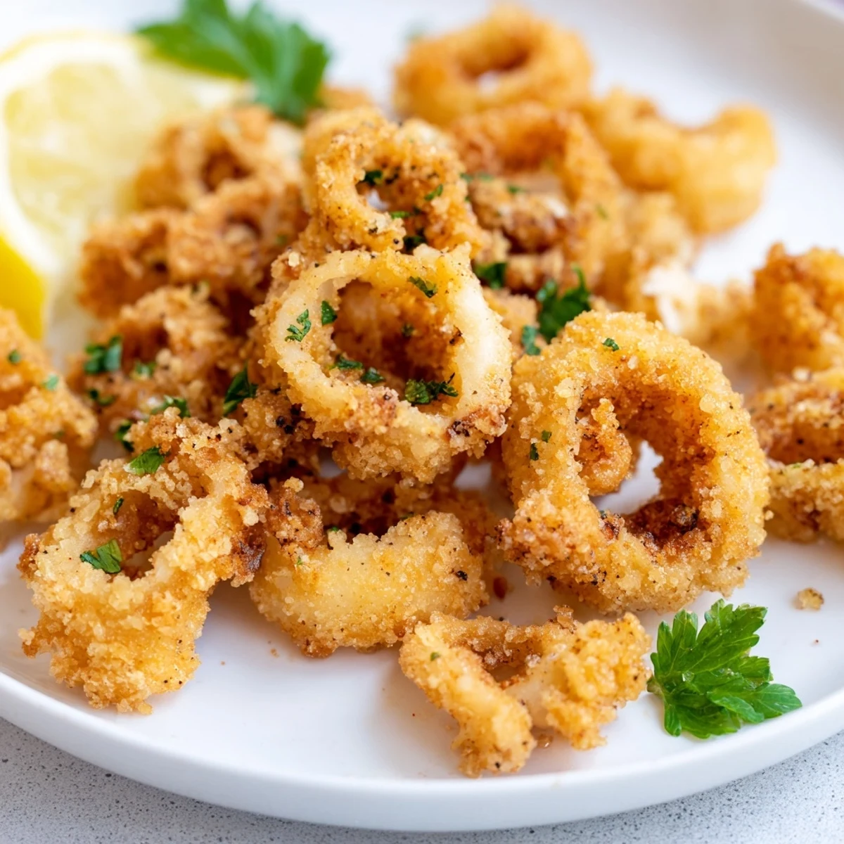 Beautifully fried calamari, a Mediterranean appetizer with a perfectly light and crispy coating, waiting to be enjoyed.