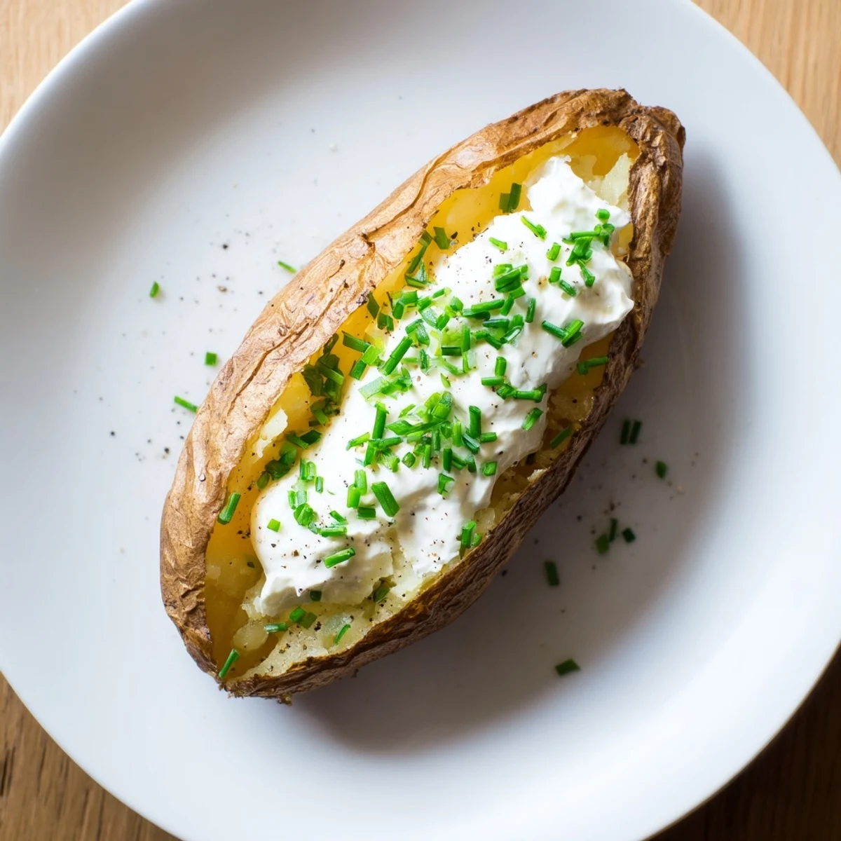 A close-up of a creamy baked potato with sour cream, perfect for a cozy dinner.