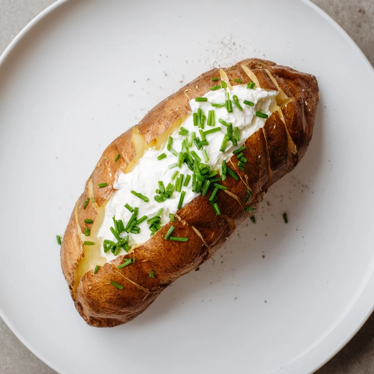 Fluffy baked potato with sour cream, garnished with fresh chives, ready to eat.