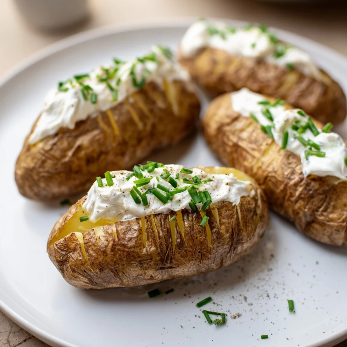 Warm, tender baked potato with sour cream and chives; a classic American side.