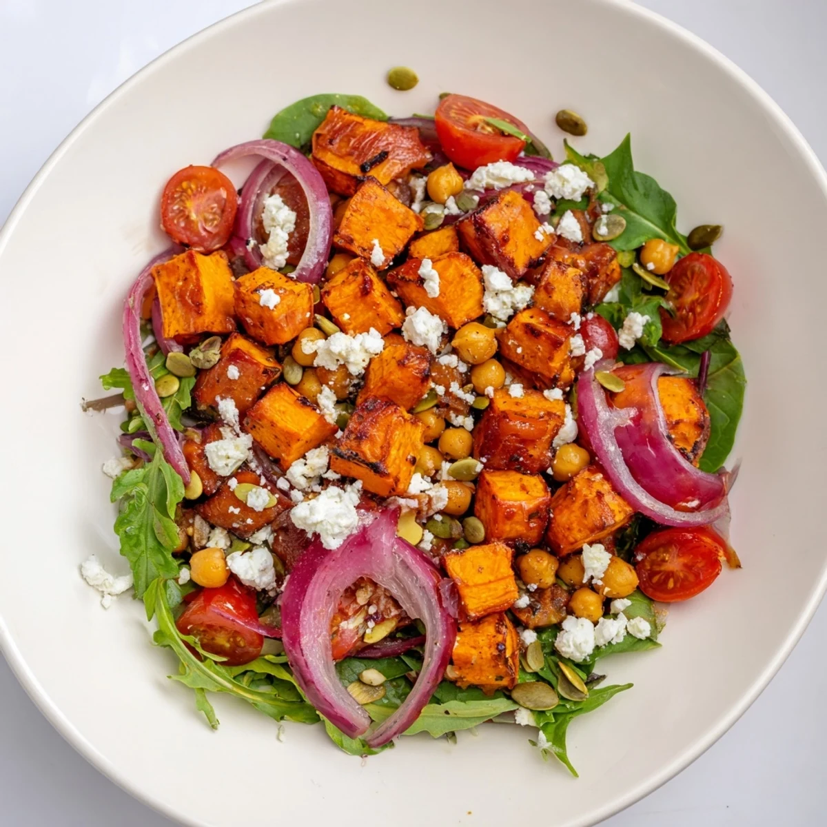 Golden roasted sweet potato salad with vibrant greens, drizzled with zesty balsamic dressing.