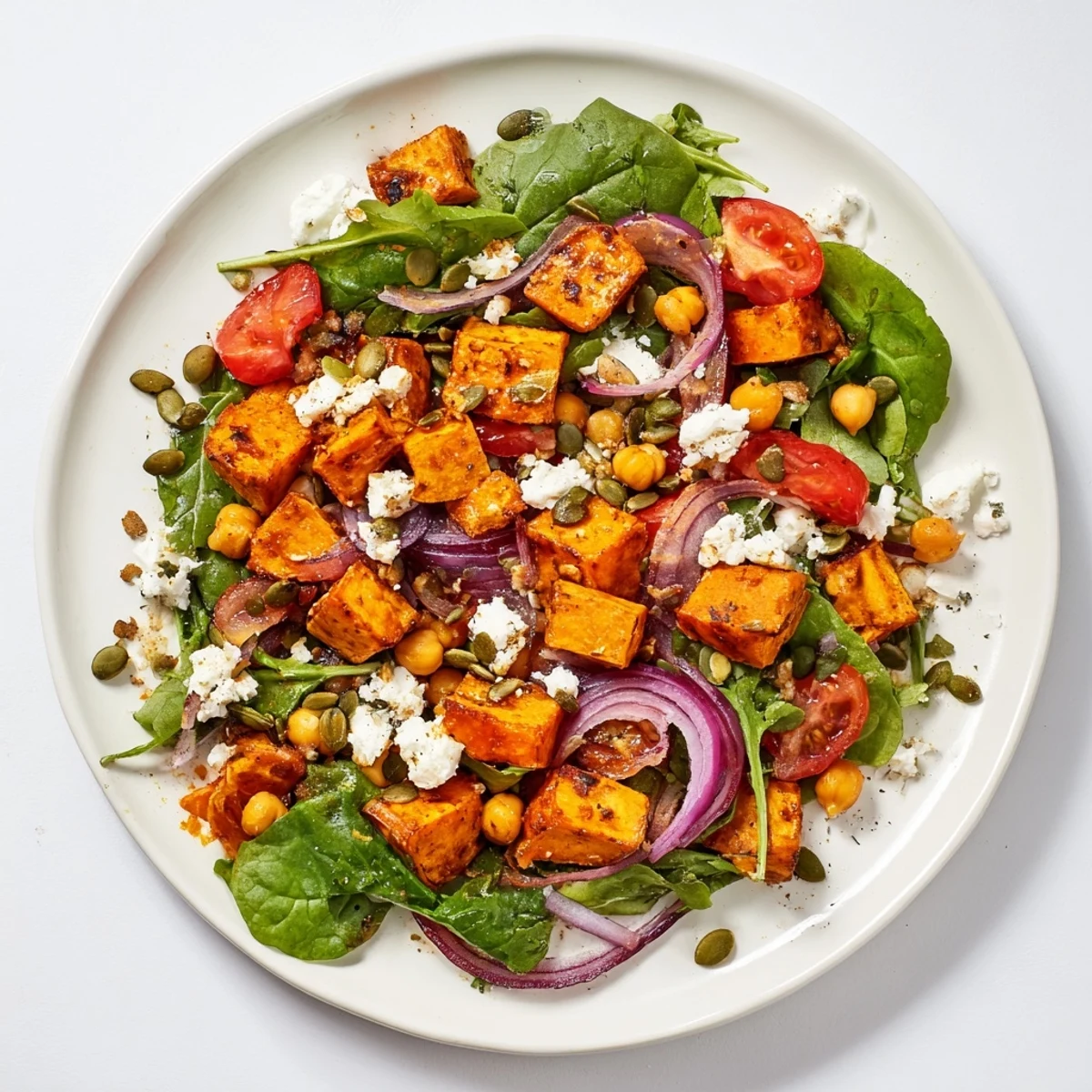 A colorful Roasted Sweet Potato Salad, showcasing tender sweet potatoes with chickpeas and feta cheese.