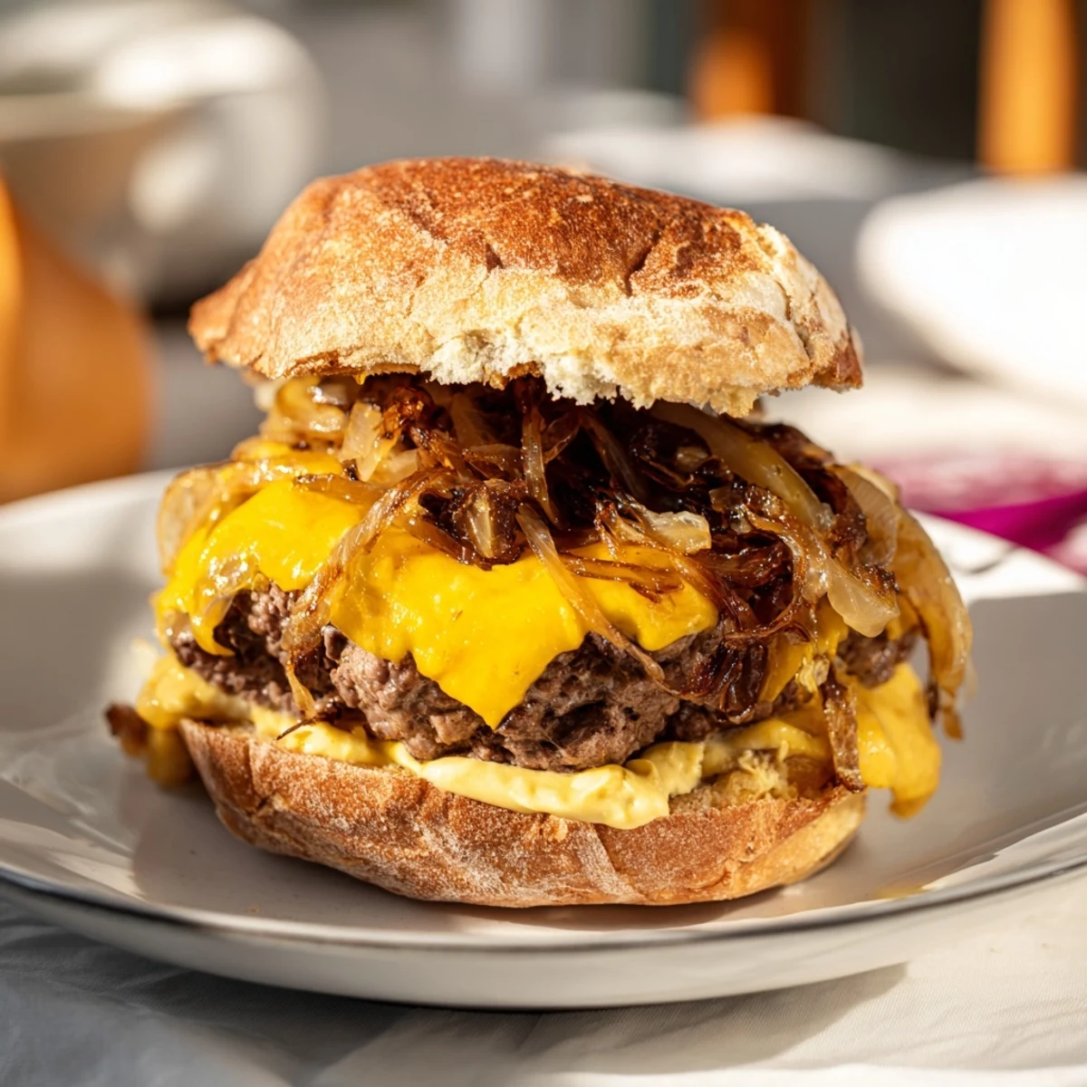 Golden caramelized onions atop a juicy, grilled beef burger, a classic American comfort food.