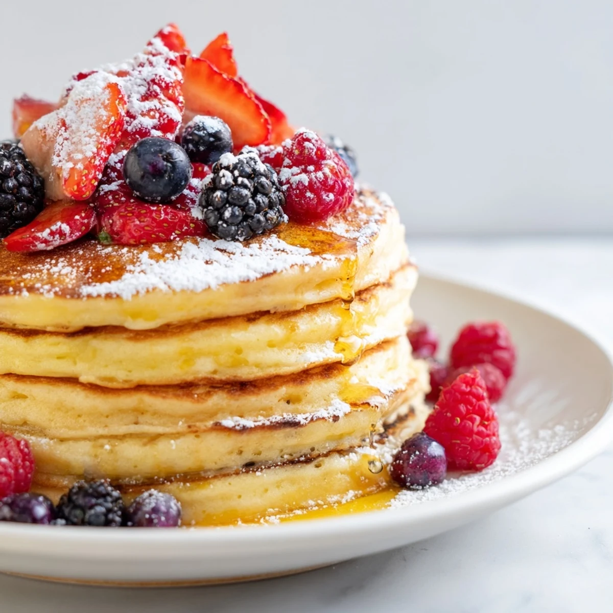Lemon Ricotta Pancakes with berries, golden and fluffy, ready to be enjoyed for a delightful brunch.