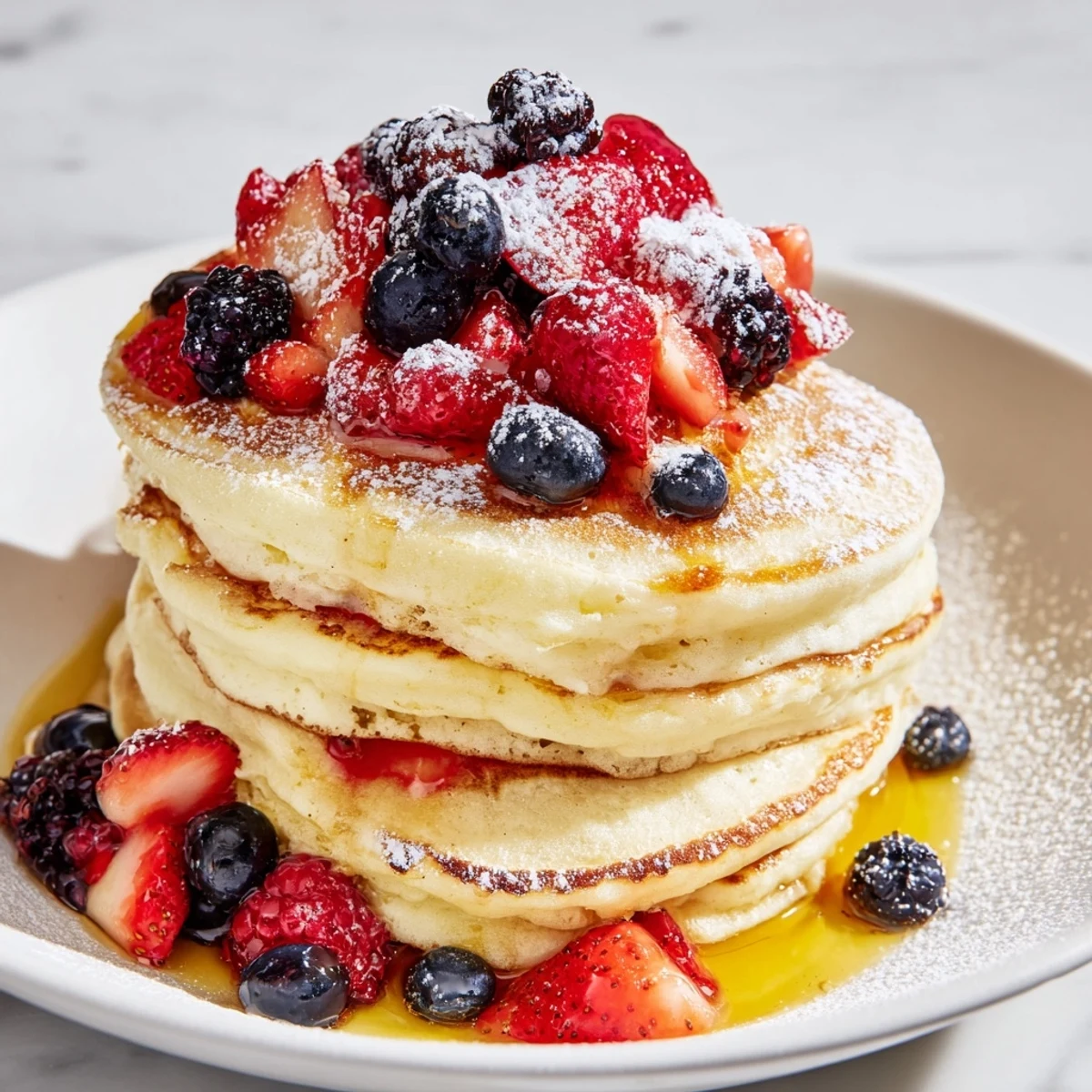 Delicious Lemon Ricotta Pancakes with berries, a special American breakfast served hot with fresh fruit.
