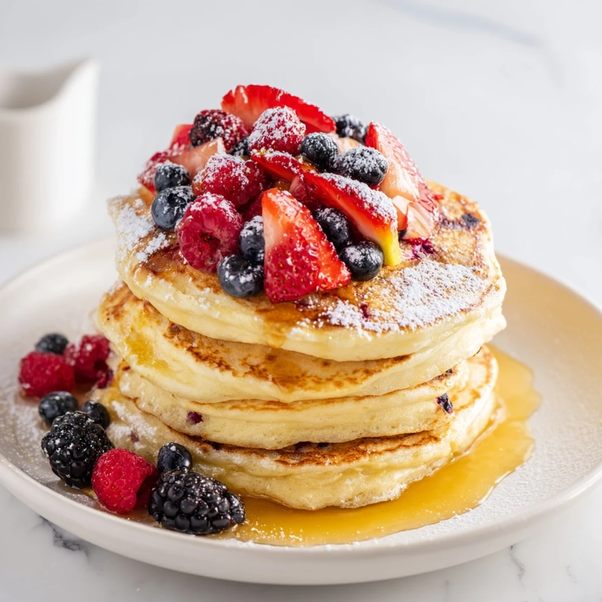 Stack of Lemon Ricotta Pancakes topped generously with juicy, vibrant mixed berries, a breakfast treat.
