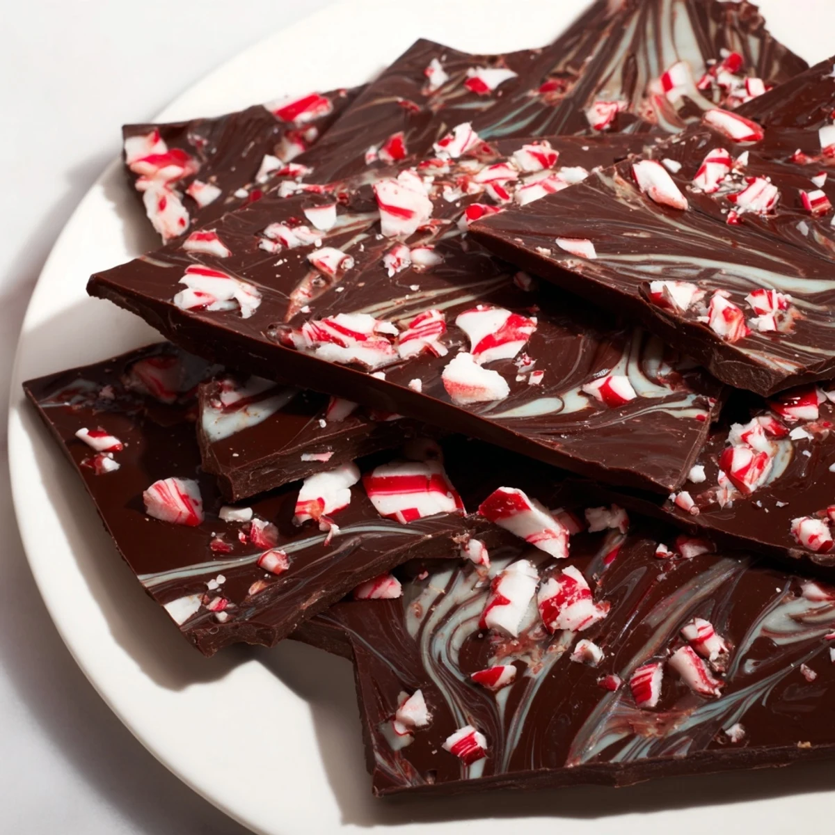Homemade Dark Chocolate Peppermint Bark, a festive dessert, ready to be broken into delectable pieces.