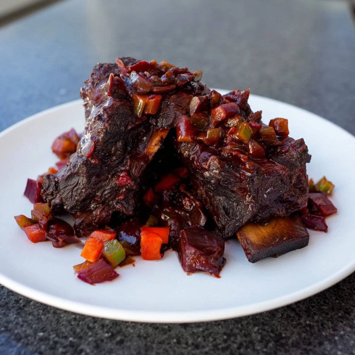 Close-up of juicy, fall-off-the-bone, slow braised beef short ribs ready to be savored.