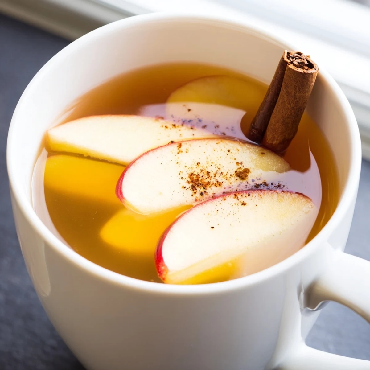 Fragrant and comforting, a close-up of warm apple cider swirling in a glass mug.