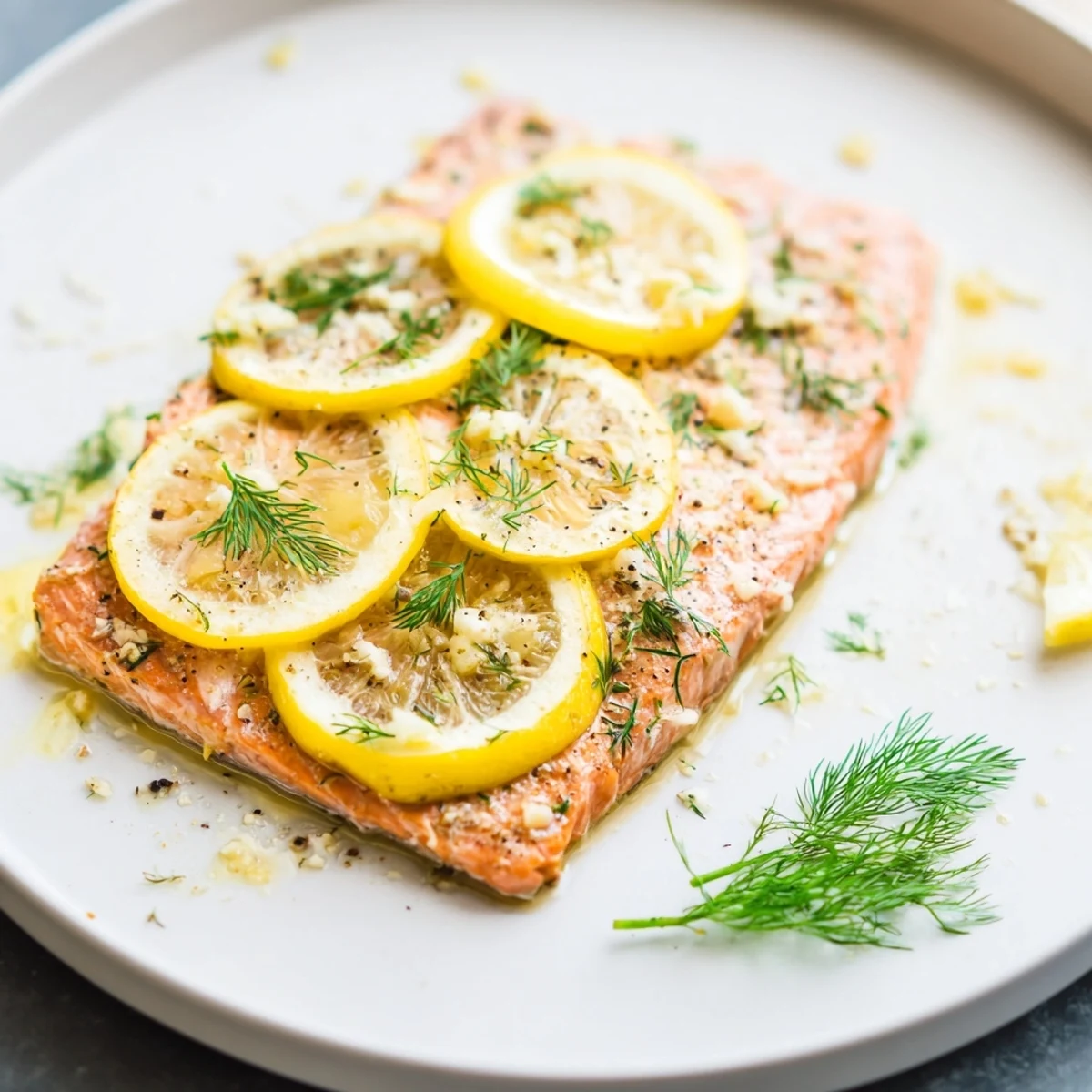 Baked Salmon with Lemon and Dill, flaky and moist, ready to be served with vibrant lemon slices.