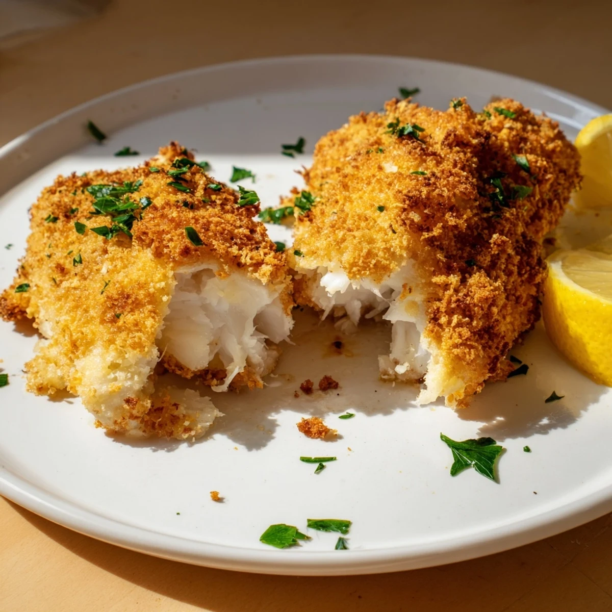 Golden-brown crumbed cod fillets, beautifully crispy, ready to be served with lemon wedges.