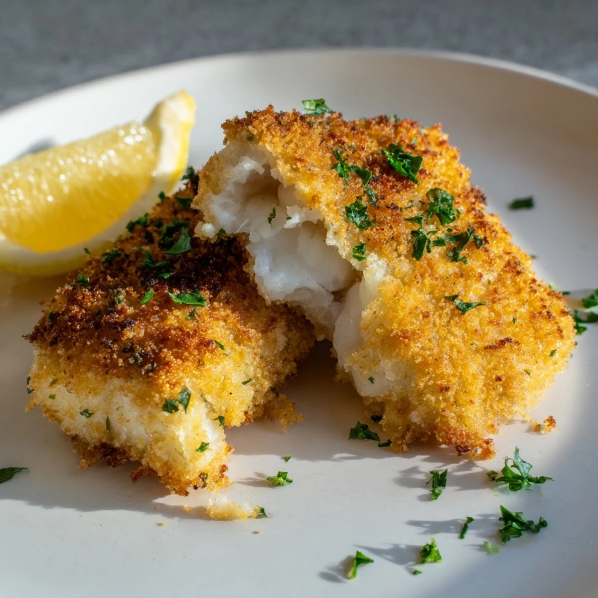 Enjoy a close look at perfectly breaded crumbed cod, steaming and ready for dinner tonight.