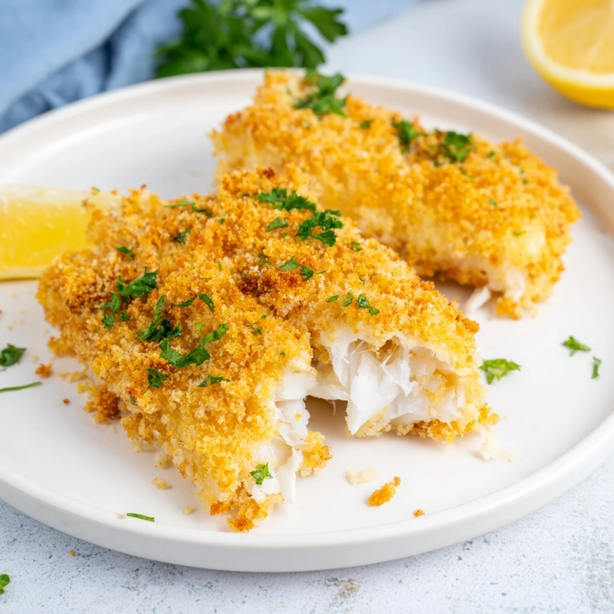 Freshly fried crumbed cod, a comforting main course, with a crispy crust and flaky fish.