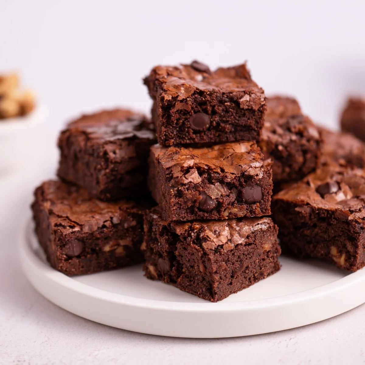 Warm, glistening, crackly-topped brownie bites, perfect for a party, with tiny chocolate chips visible.