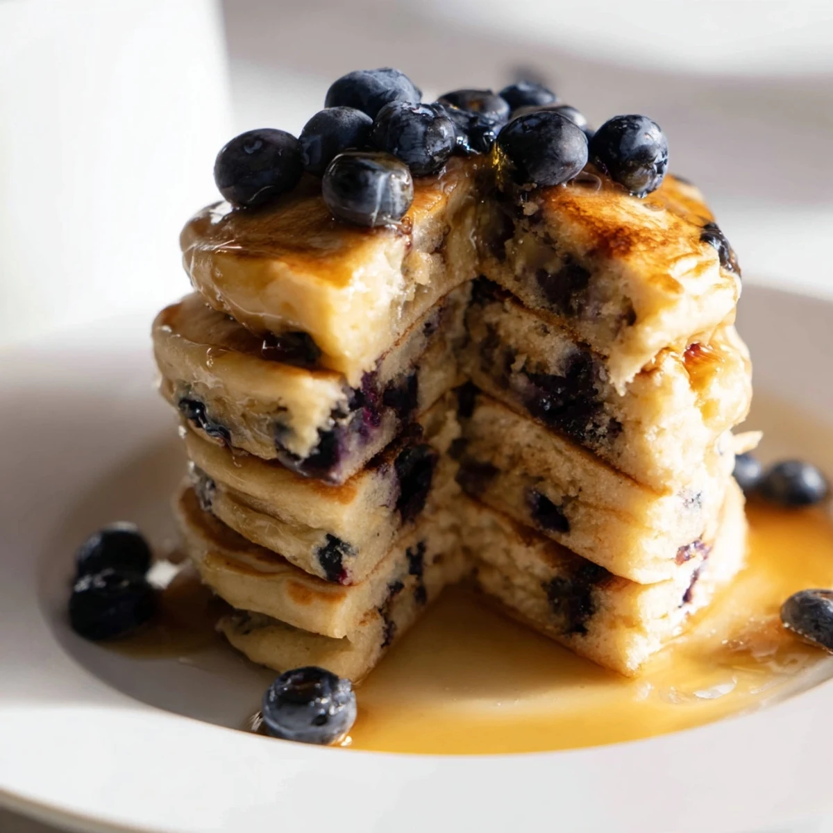 A stack of fluffy blueberry pancakes with fresh, plump blueberries, perfect for breakfast.