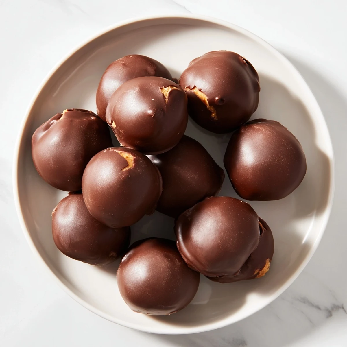Close-up view of glistening peanut butter balls, coated in chocolate, ready to be enjoyed.