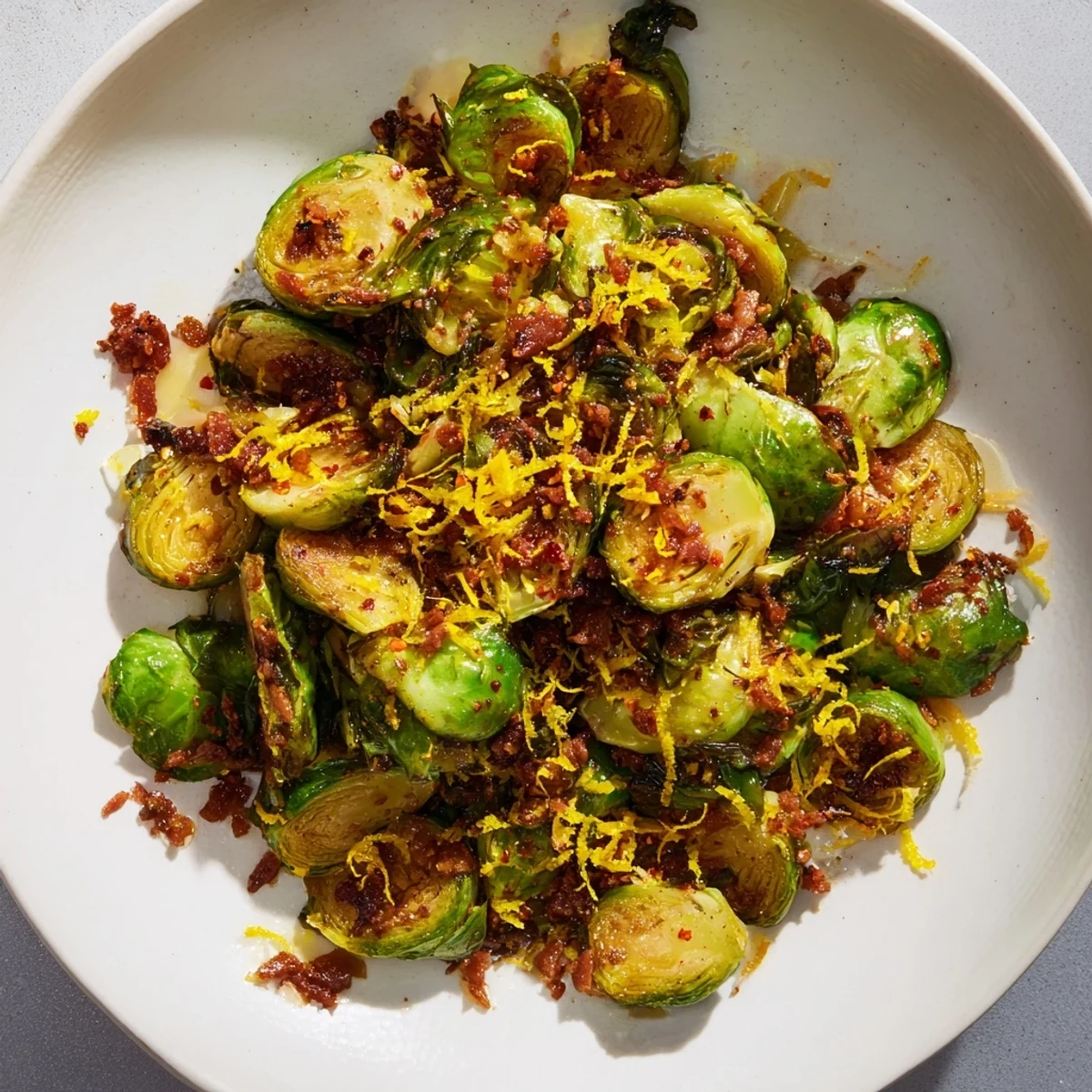 Golden-brown Brussels sprouts with beef bacon, a flavorful, crispy side dish, ready to serve.