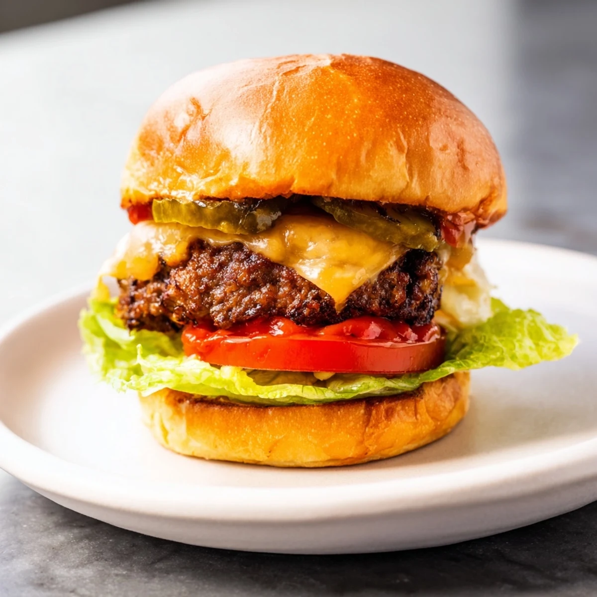 Juicy beef sliders, a stack of mini burgers, ready to eat with melted cheese and fresh toppings.