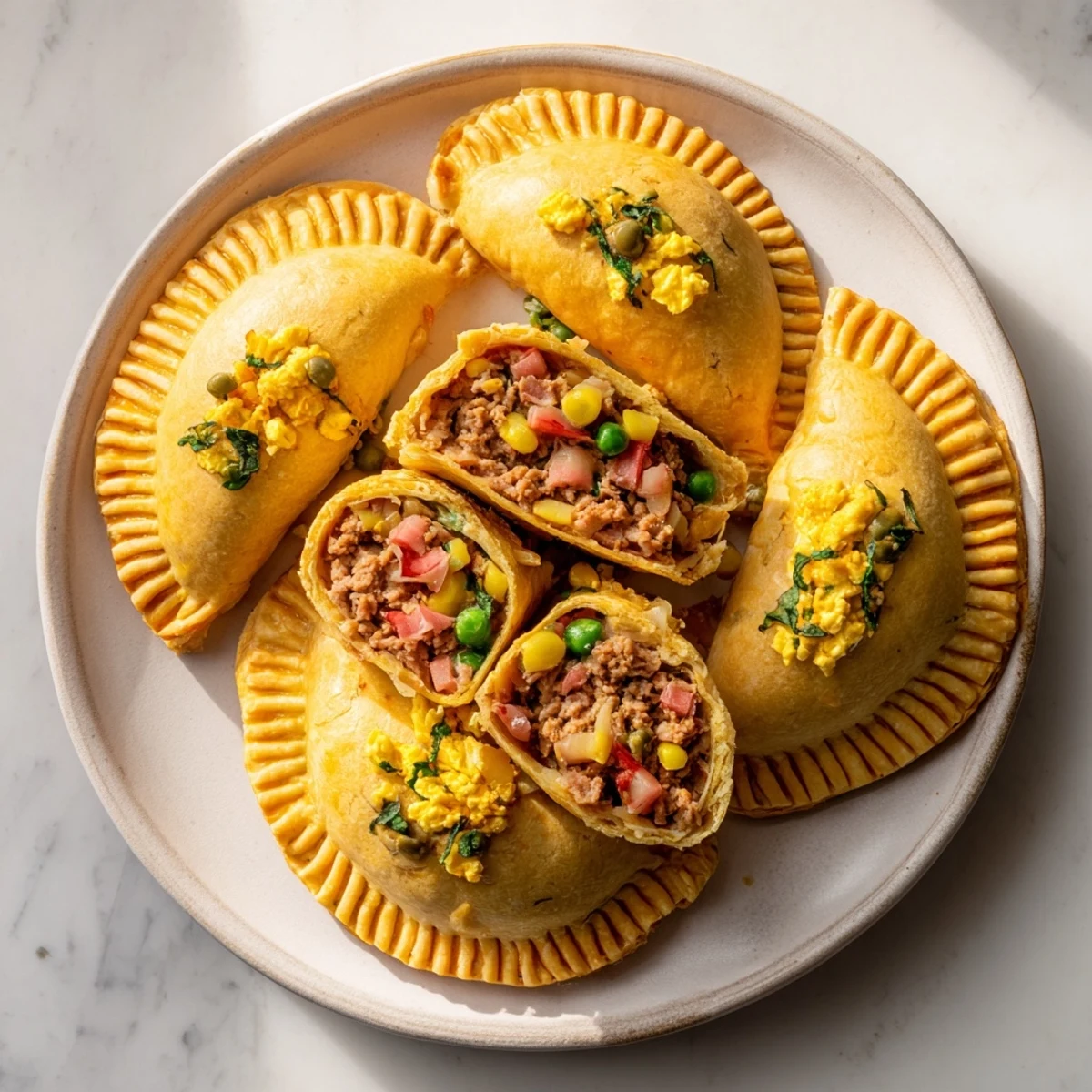 Golden-brown Beef Empanadas, flaky crusts encasing savory spiced beef and vegetable filling, ready to serve.