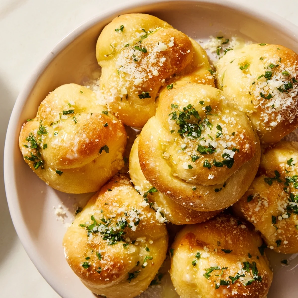Homemade garlic knots, perfectly knotted and ready to be dipped into marinara sauce.