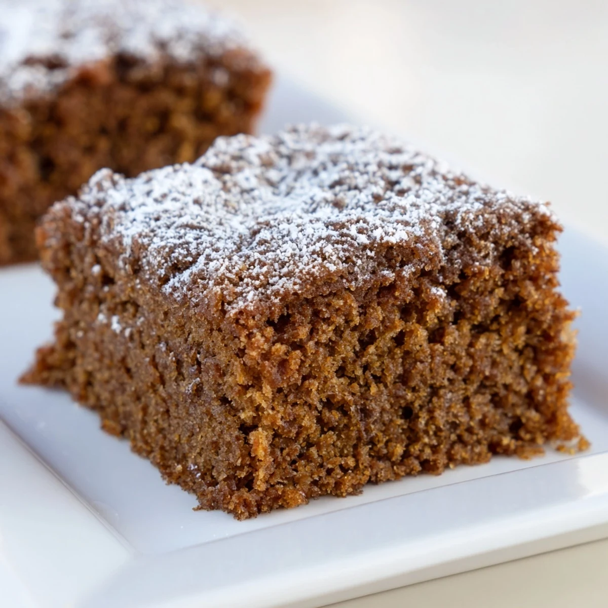Warm, spiced slices of gingerbread cake, perfect for a cozy afternoon treat enjoyed with tea.