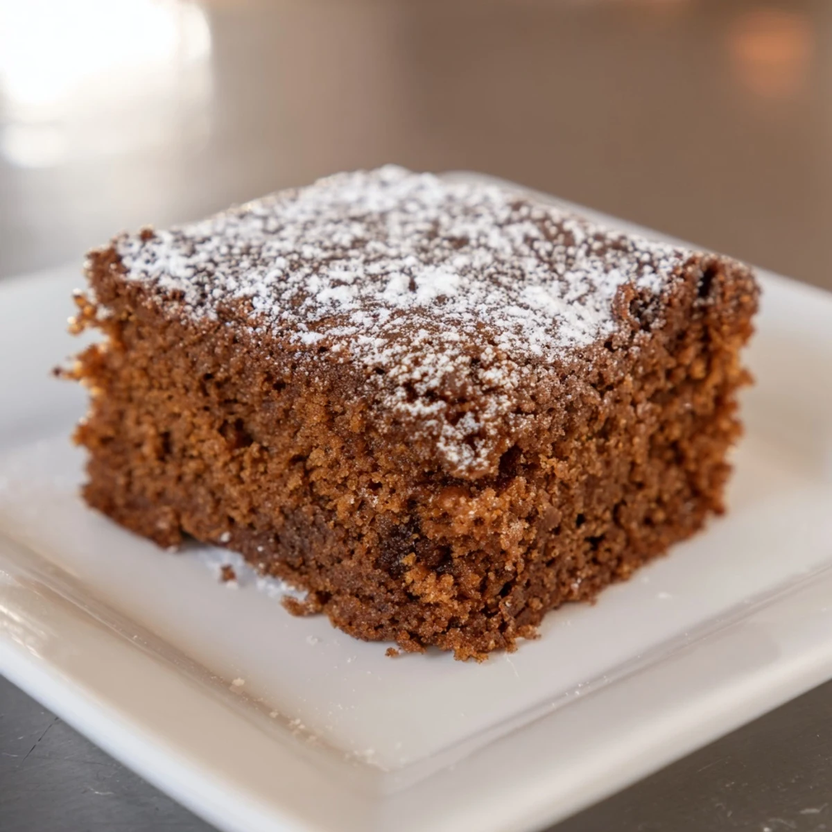 Moist gingerbread cake, golden-brown and fragrant, waiting to be dusted with powdered sugar.