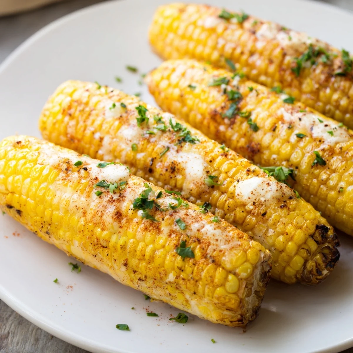 Golden-brown roasted corn on the cob, seasoned with smoky paprika, ready to eat.