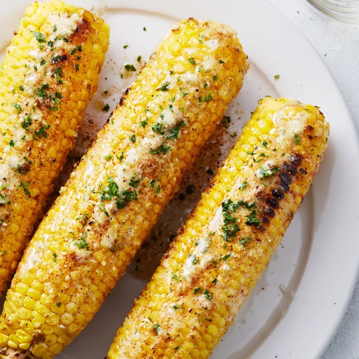 Freshly roasted corn, slightly charred, offering a flavorful, savory experience, perfect as a snack.