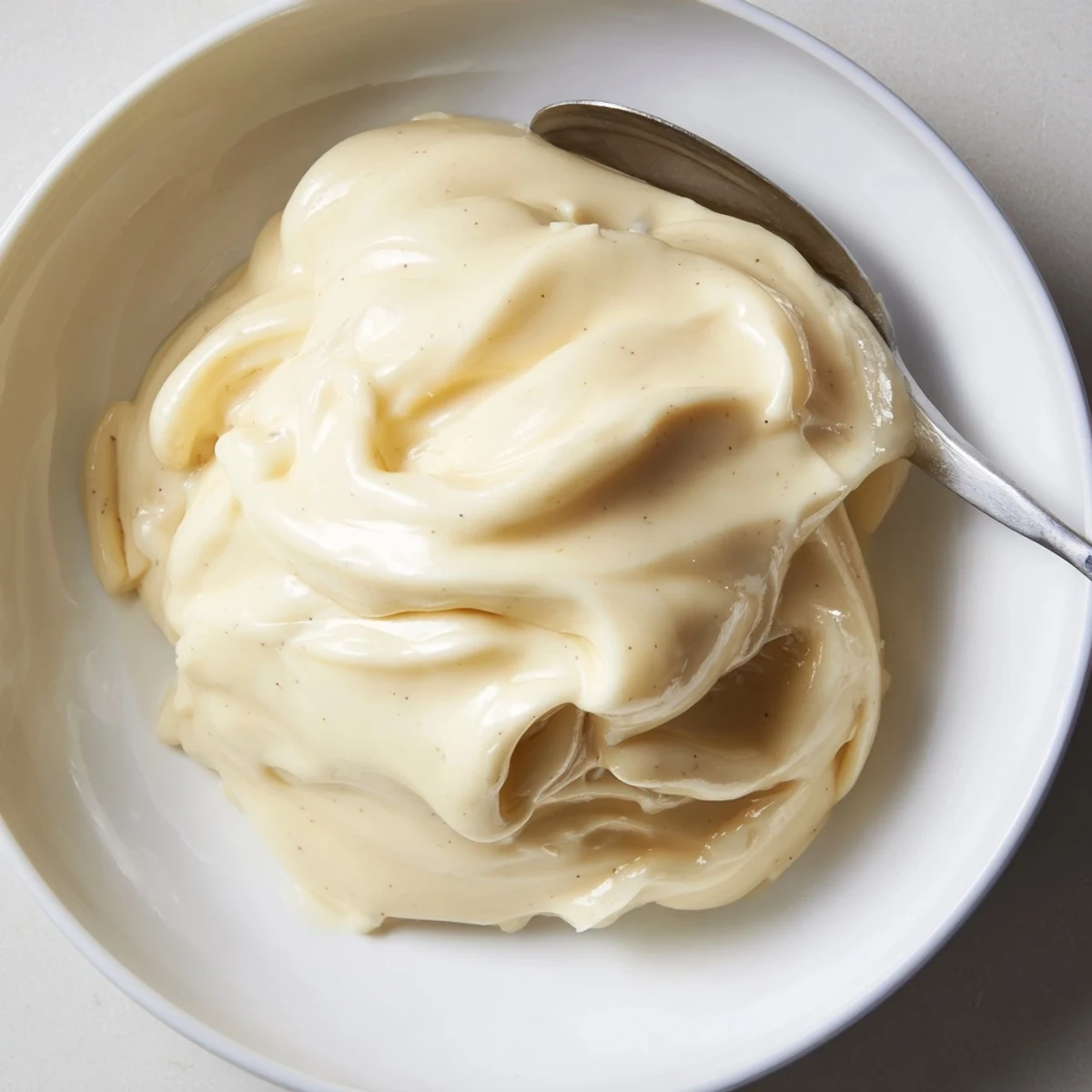 The glistening creamy pastry filling is an enticing dessert topping with vanilla flecks throughout.