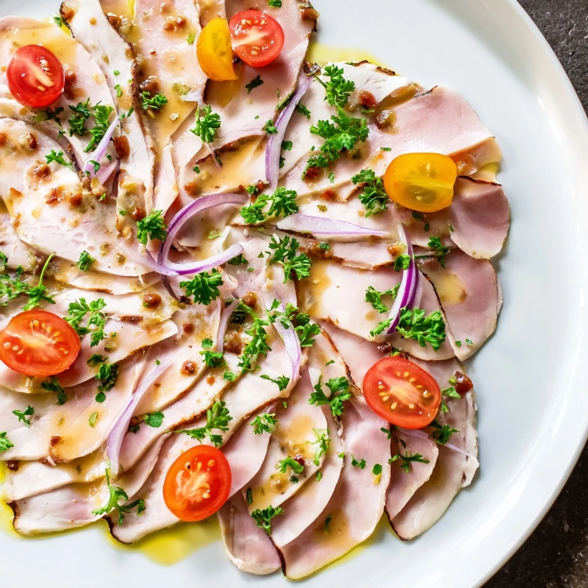 Beautifully arranged ham and turkey platter, showcasing glistening meats with a honey-mustard glaze.