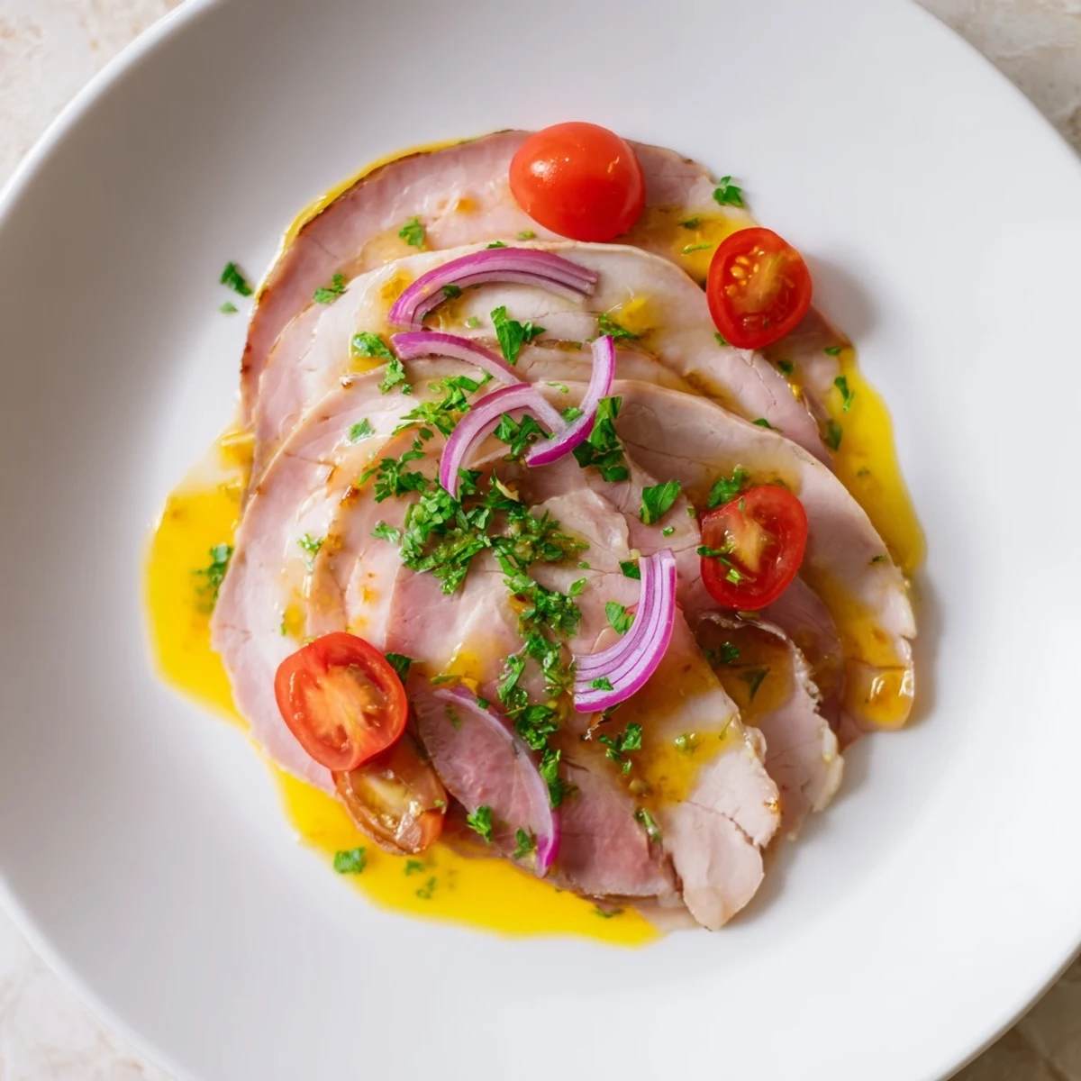 A close-up view of the Ham and Turkey Platter, garnished with vibrant parsley and red onion slices.