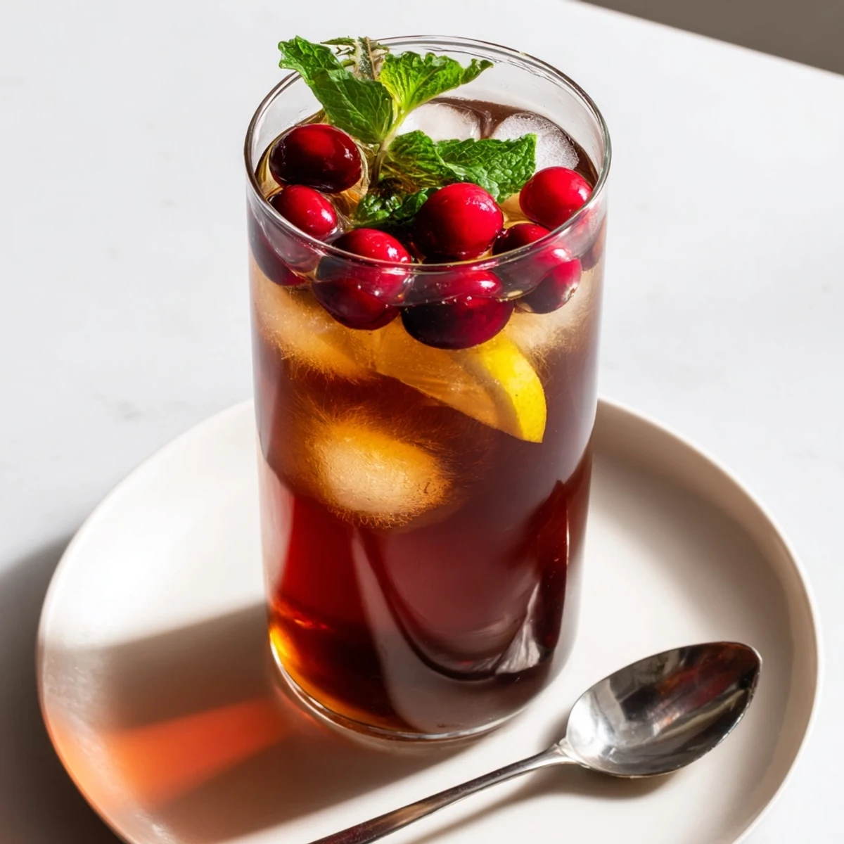 A tall glass of Tea Cranberry, ice tinkling, garnished with fresh cranberries and mint.