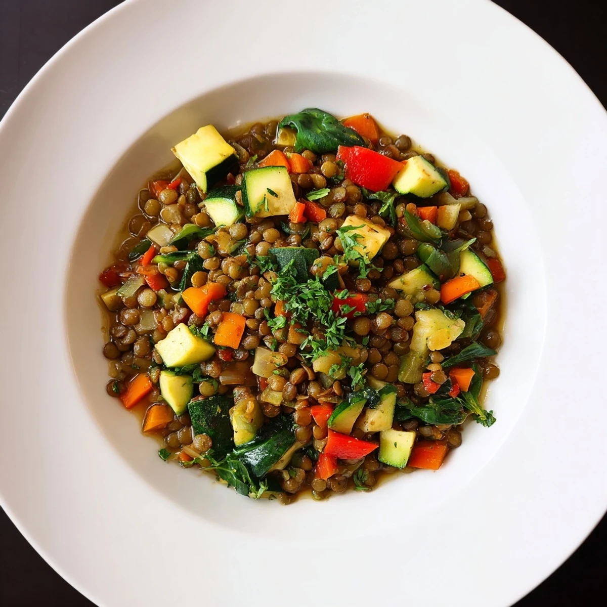 Steaming bowl of Hearty Lentil and Vegetable Stew, a rustic, flavorful vegan meal, ready to enjoy.