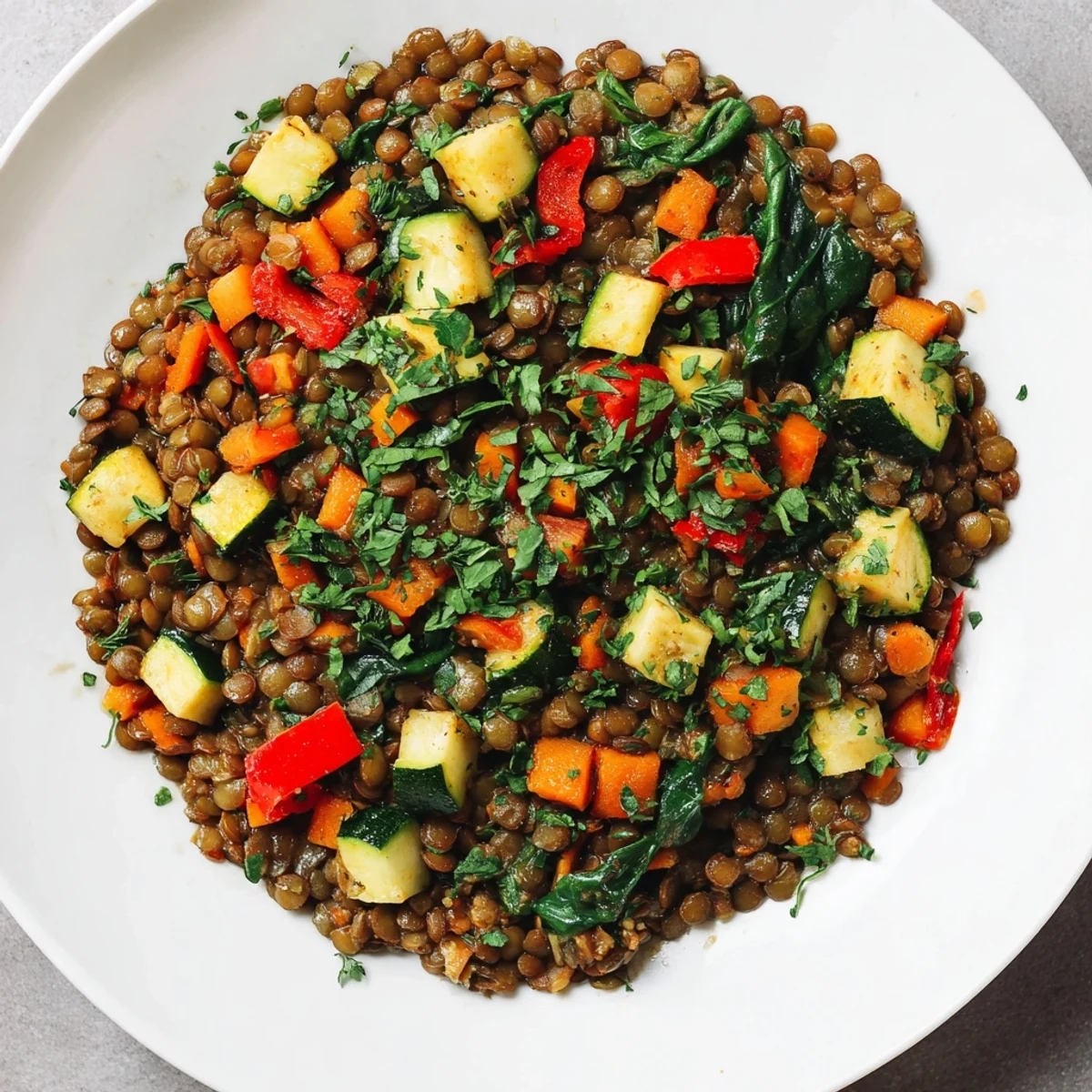 A hearty spoonful of Hearty Lentil and Vegetable Stew, a comforting, nourishing, and delicious vegetarian dish.