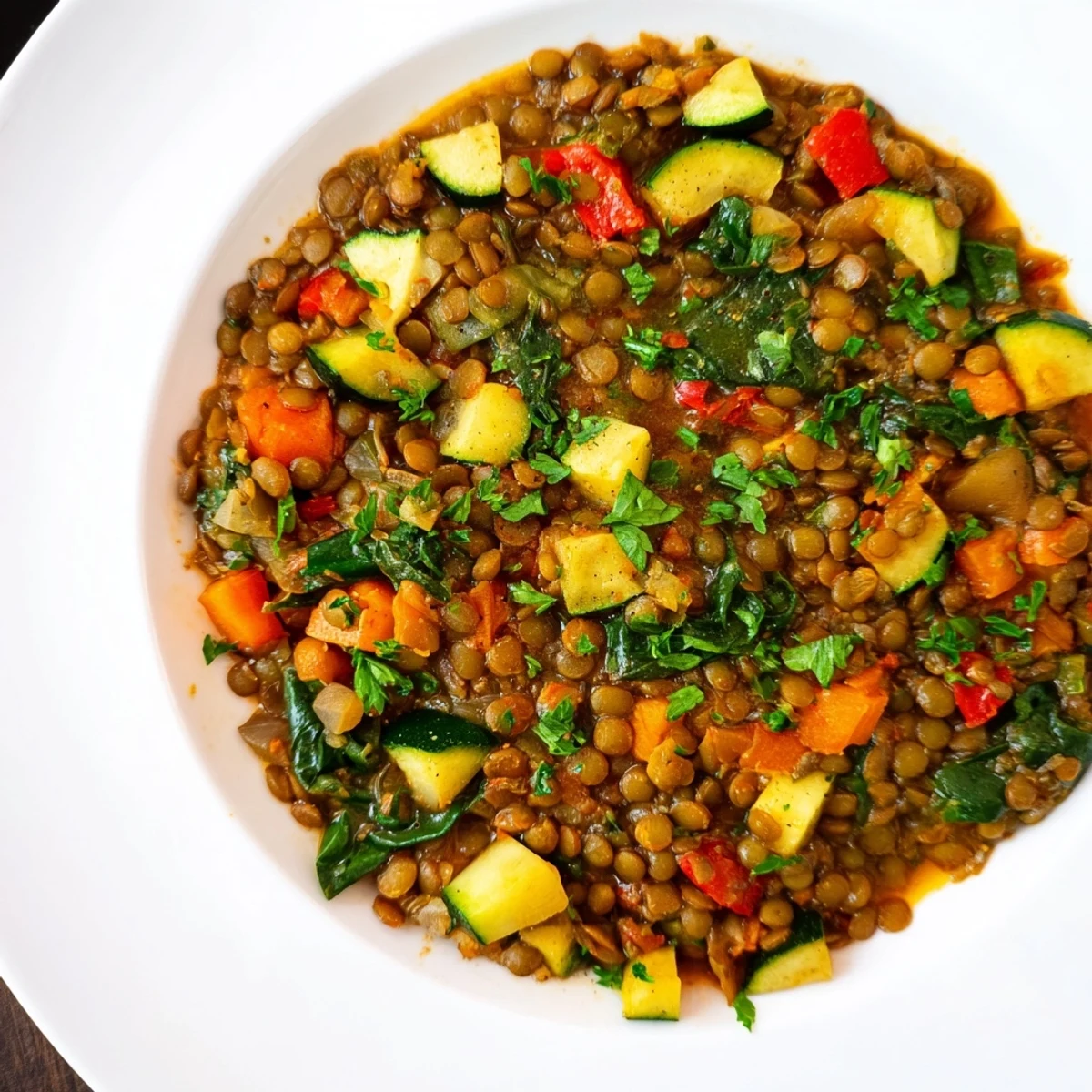 Close-up of Hearty Lentil and Vegetable Stew: vibrant vegetables and tender lentils in a flavorful broth.