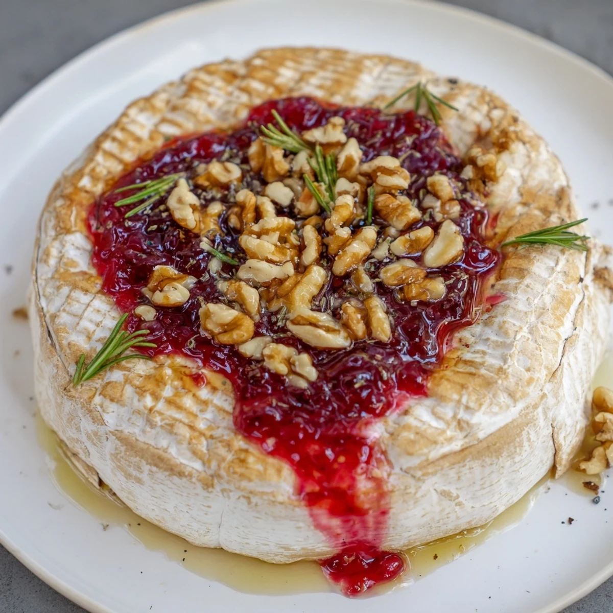 Golden Baked Camembert, topped with glistening cranberry jam, served with slices of crusty baguette.