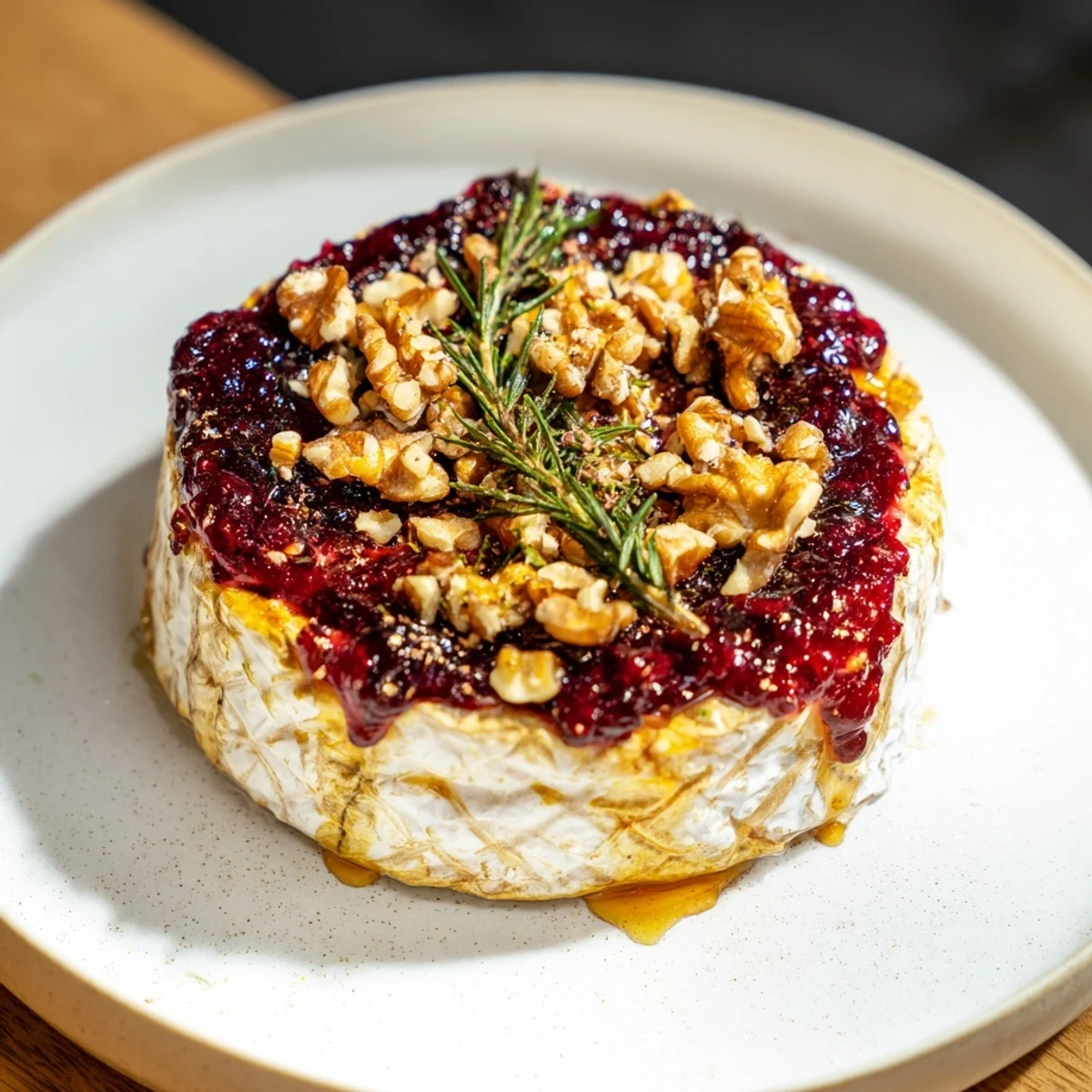 Warm, creamy Baked Camembert, a delicious vegetarian appetizer drizzled with sweet cranberry jam.