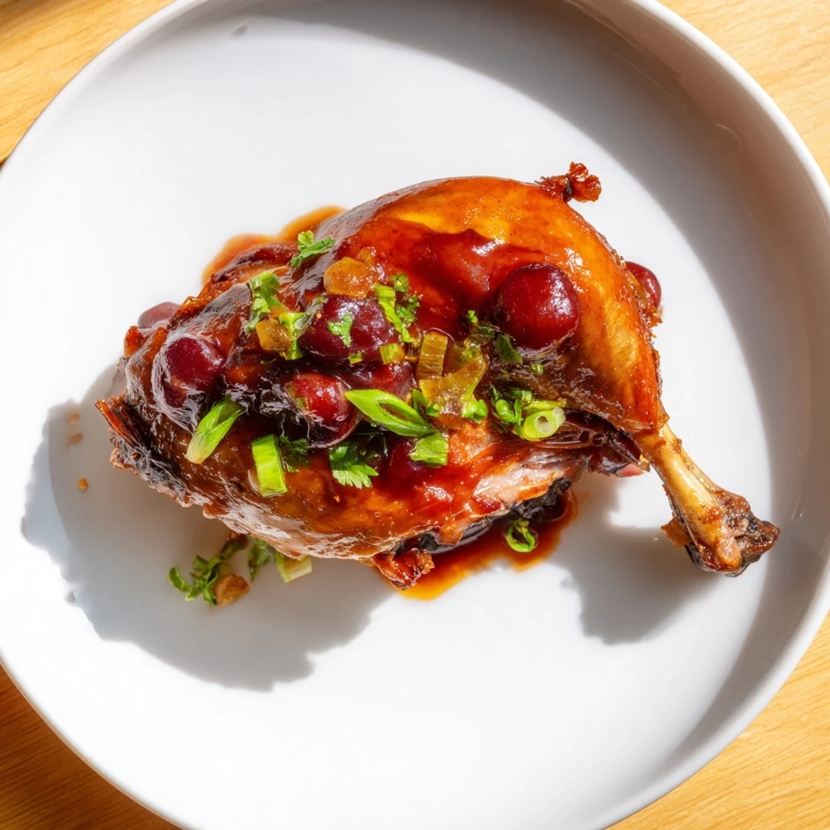 Crispy-skinned Roasted Duck Legs with Plum Sauce, glistening and ready to serve for a delightful dinner.