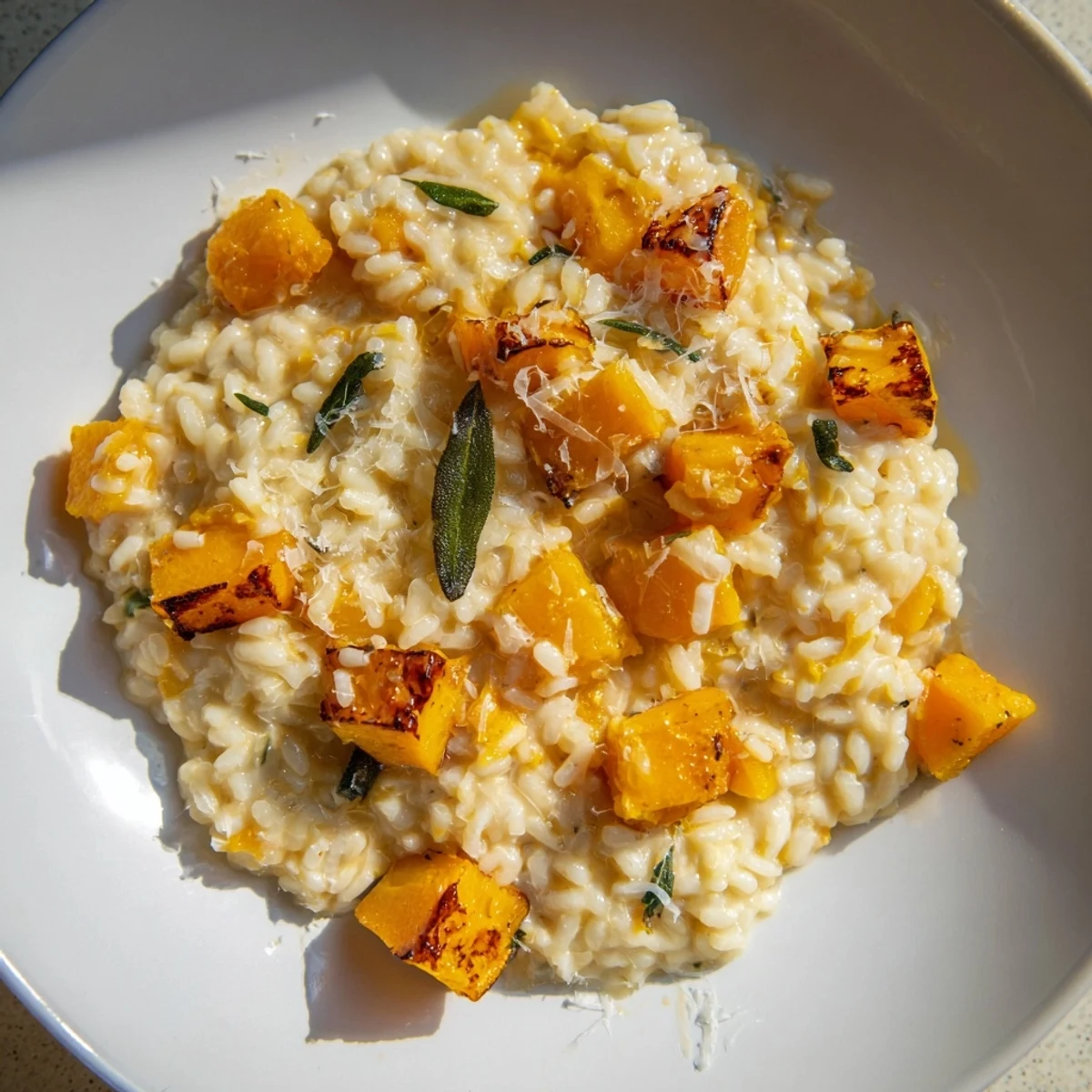 Creamy Winter Squash Risotto: golden roasted squash and creamy rice, garnished with fresh sage leaves in an Italian dish.